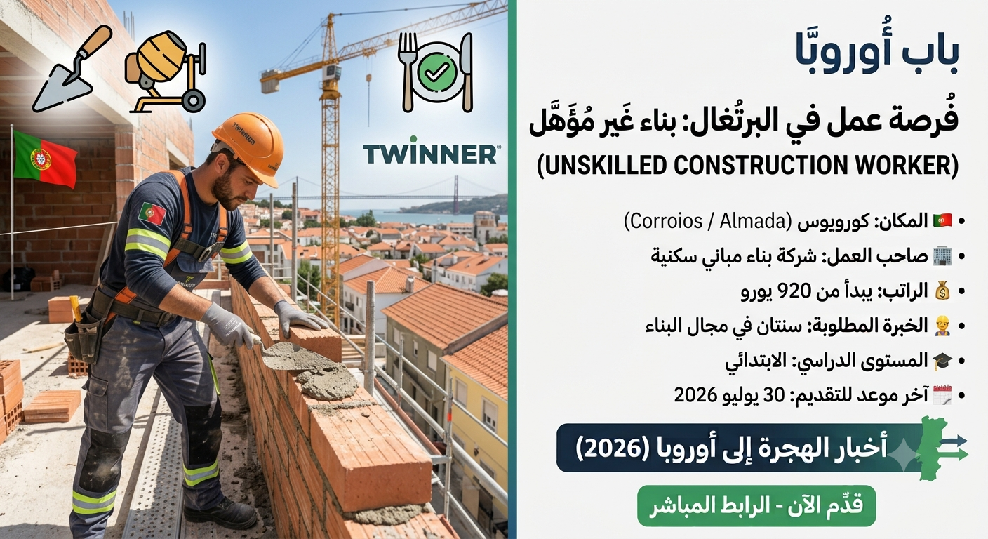فرصة عمل مميزة: مطلوب 3 عمال بناء غير مؤهلين (Construction Workers) في كورويوس، البرتغال مع توفير الوجبات